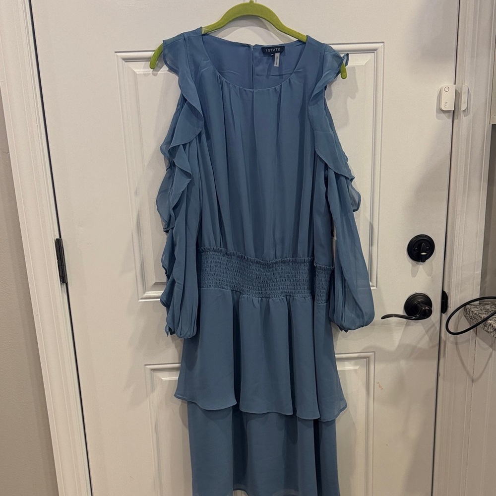 1. State Dusty Blue Ruffle Cold-Shoulder Midi Dress